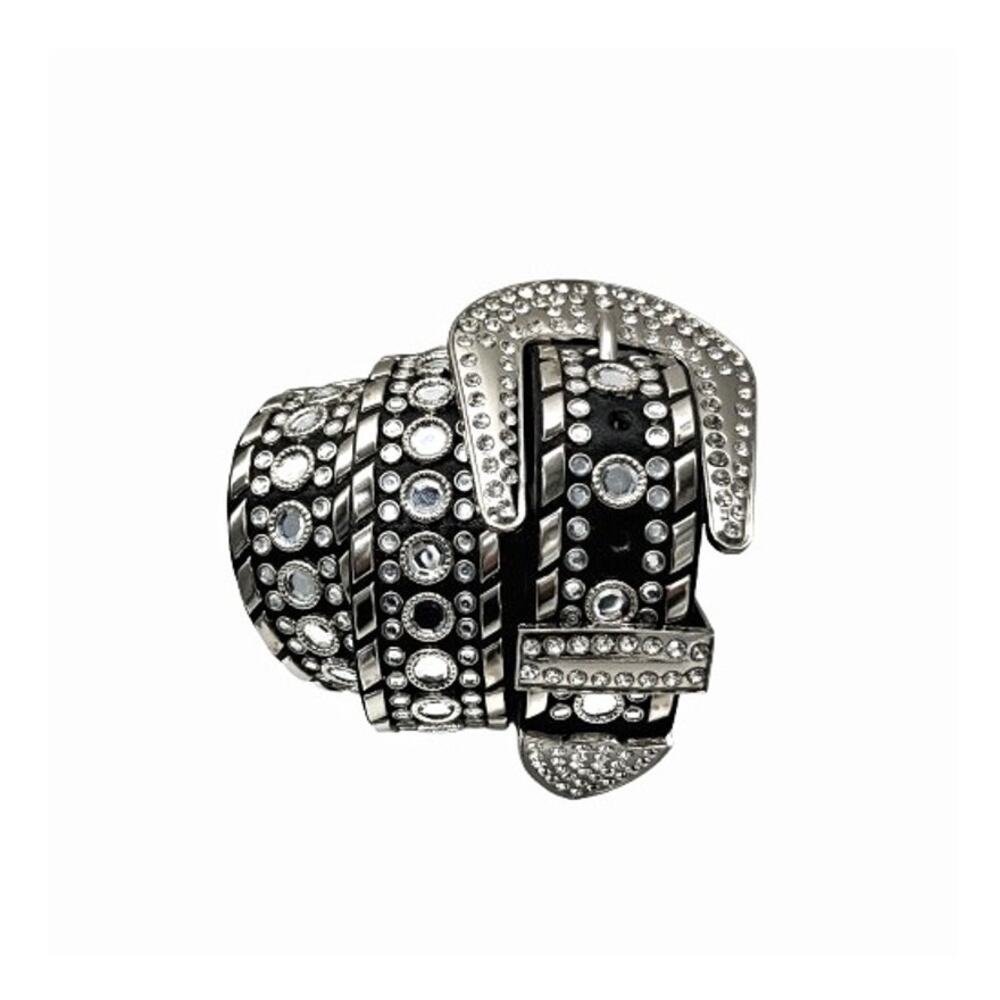 Vintage Y2K Black Leather Rhinestone Western Belt Crystal Buckle Deadstock Glam